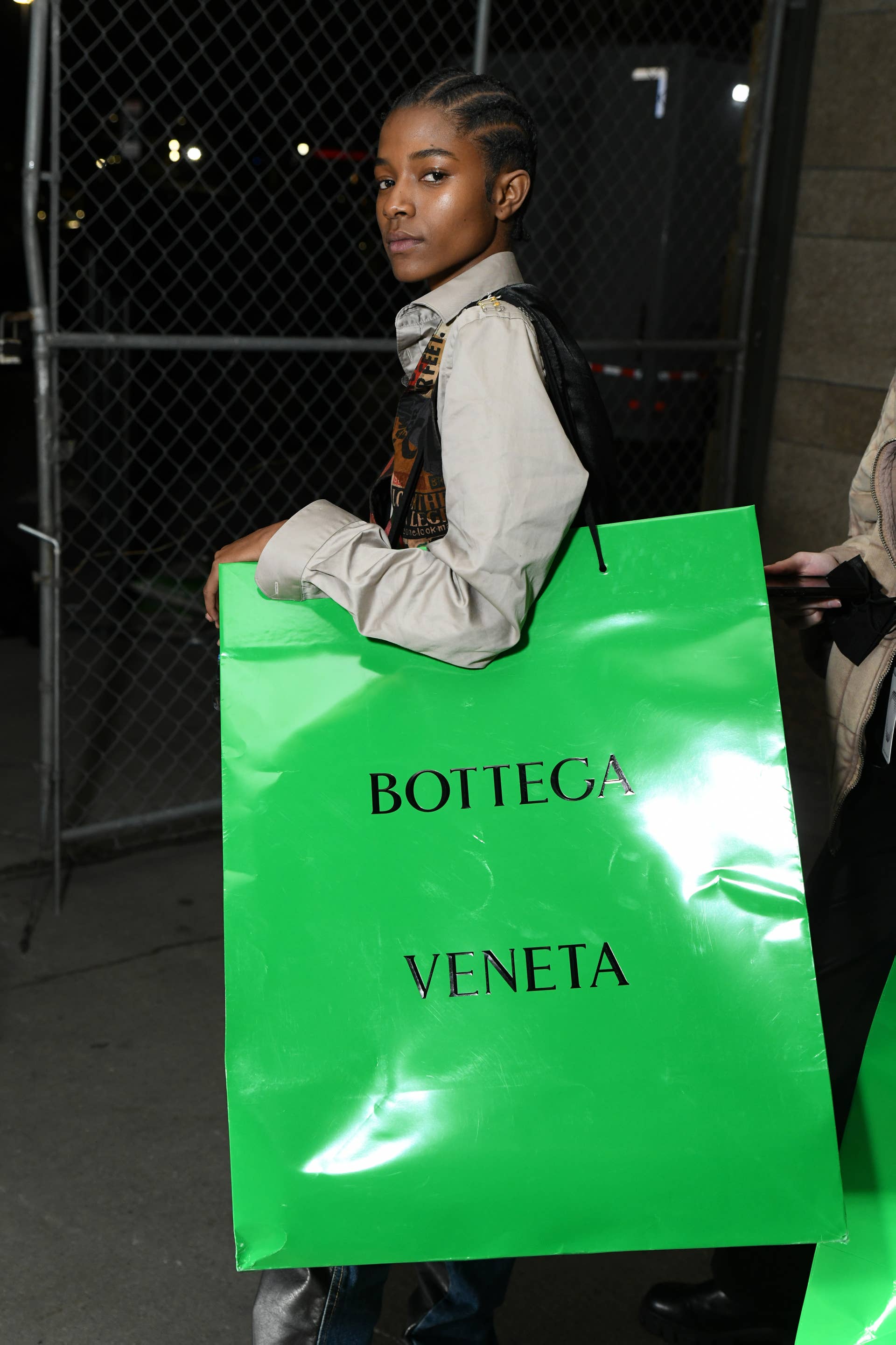 Model leaving the Bottega Veneta Salon 03 Presentation at Michigan Theater on October 21, 2021